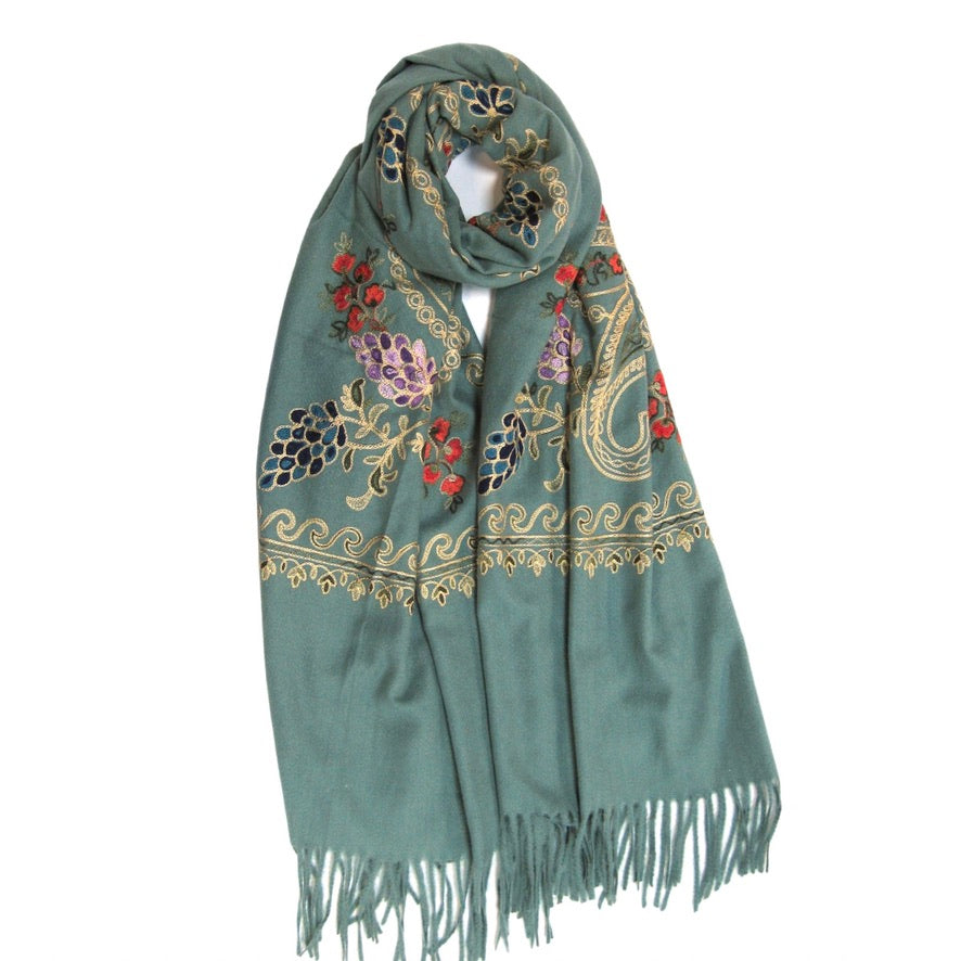 Cashmere Blend Embroidery Grape Pattern Scarf - Duck Egg | Putti Fine Fashions