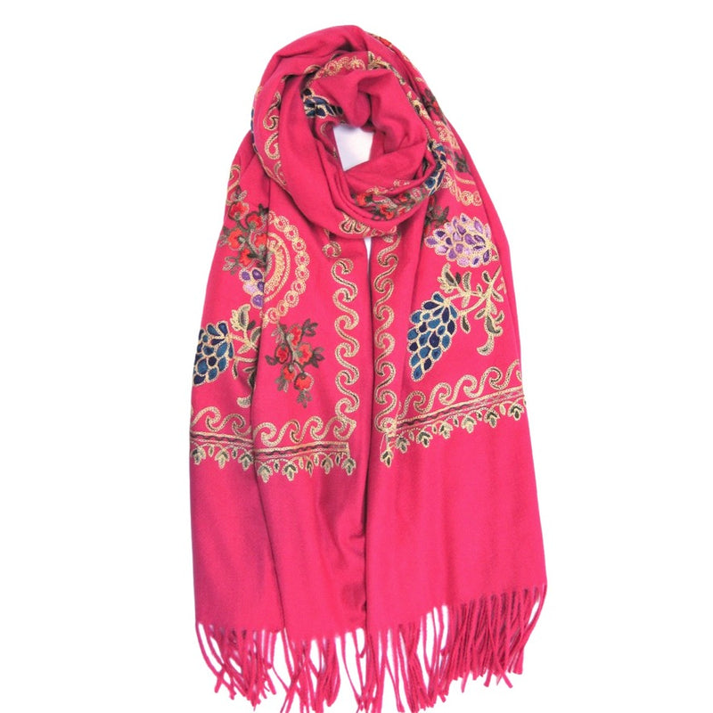 Cashmere Blend Embroidery Grape Pattern Scarf - Fuchsia | Putti Fine Fashions