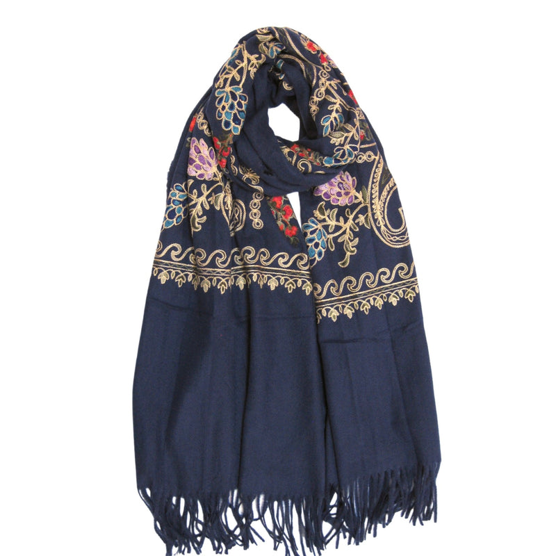 Cashmere Blend Embroidery Grape Pattern Scarf - Navy | Putti Fine Fashions