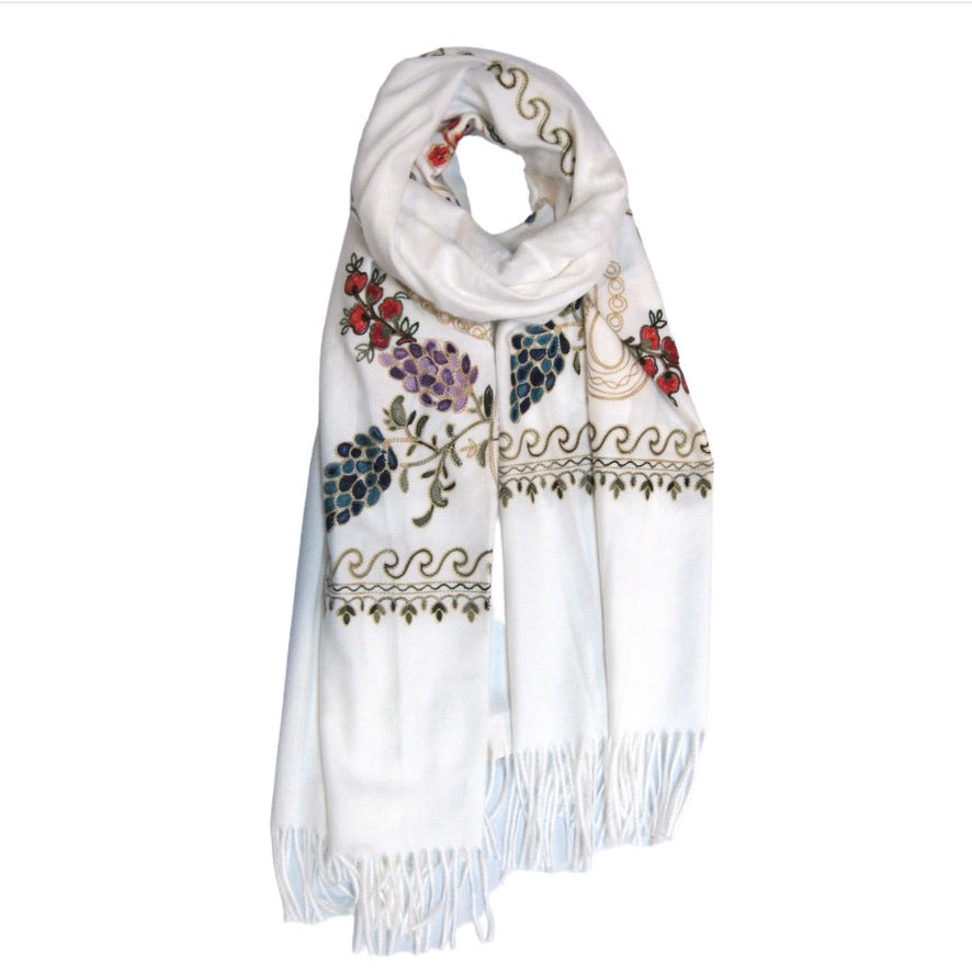 Cashmere Blend Embroidery Grape Pattern Scarf - White | Putti Fine Fashions