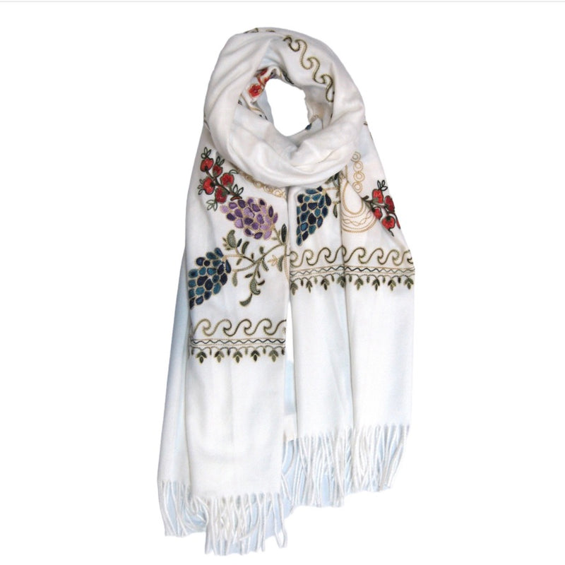 Cashmere Blend Embroidery Grape Pattern Scarf - White | Putti Fine Fashions