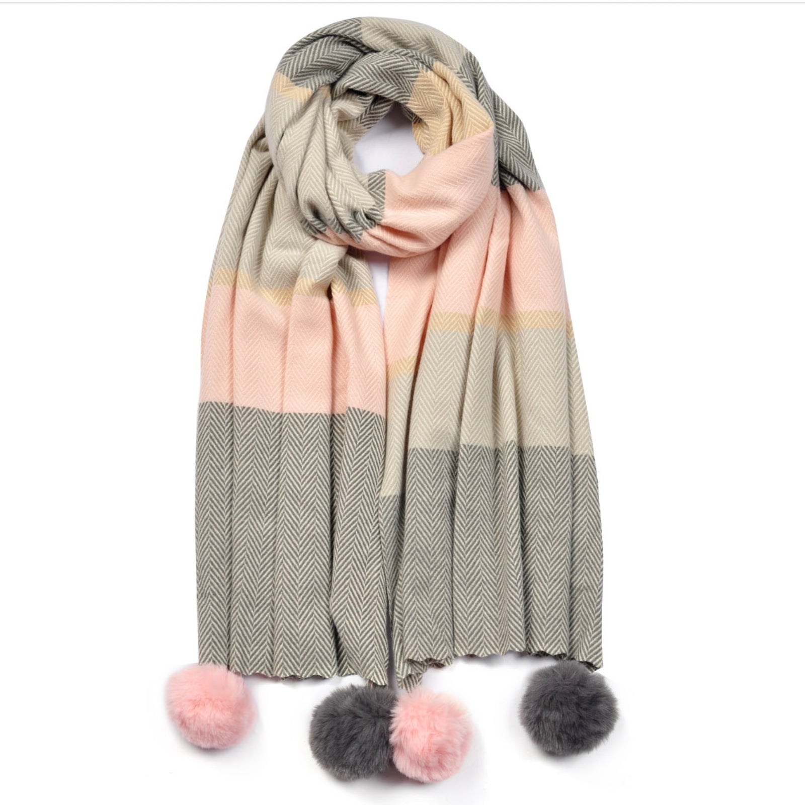 Cashmere Blend  Zig Zag Pattern Scarf with Pom Poms - Pink  | Putti Fine Fashions
