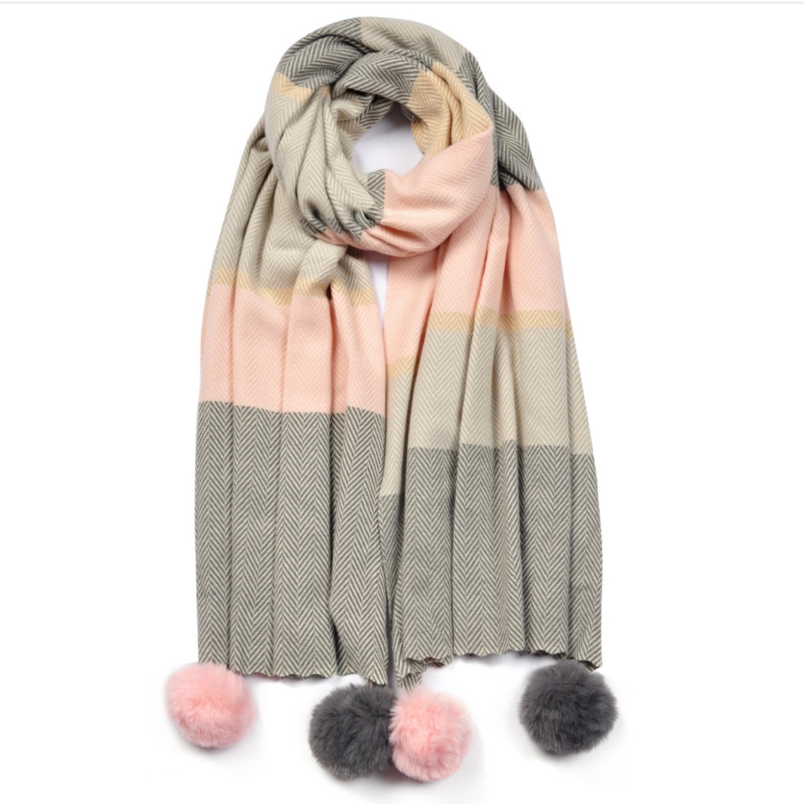 Cashmere Blend  Zig Zag Pattern Scarf with Pom Poms - Pink  | Putti Fine Fashions