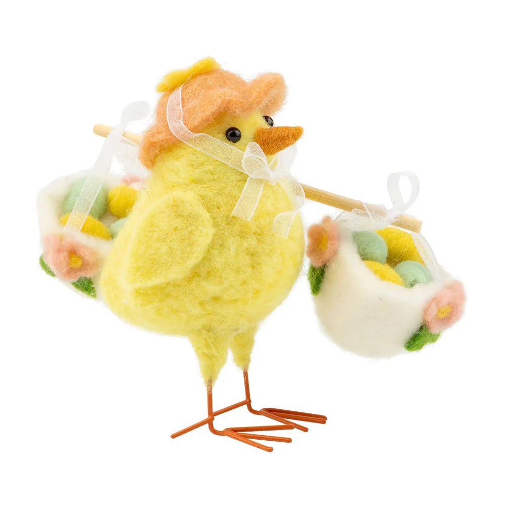 Chick with Egg Filled Baskets Felt Standing Ornament | Putti Canada 