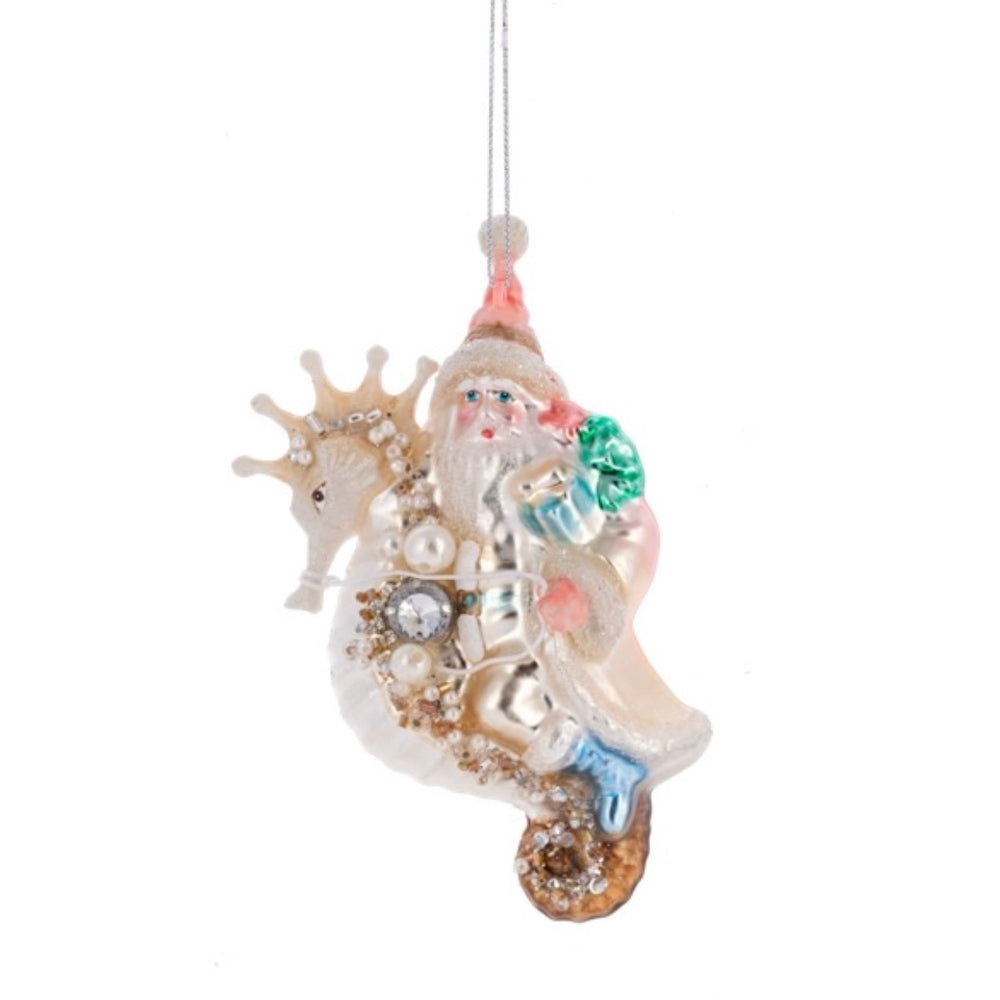 Coastal Santa on Seahorse Glass Ornament