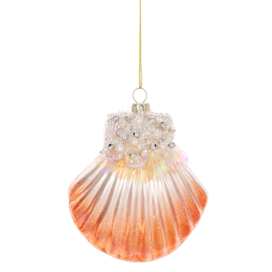 Coral Beaded Sea Shell Glass Ornament | Putti Christmas Decorations 