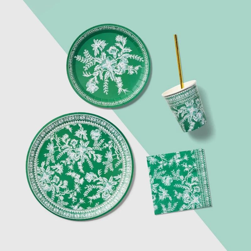Emerald Green and White Toile Small Paper Plates | Putti Fine Furnishings 