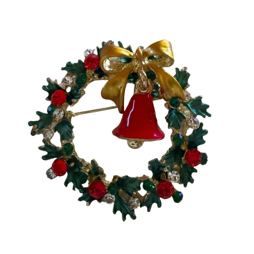 Crystal Wreath with Bell Christmas Brooch | Putti Fine Fashions 