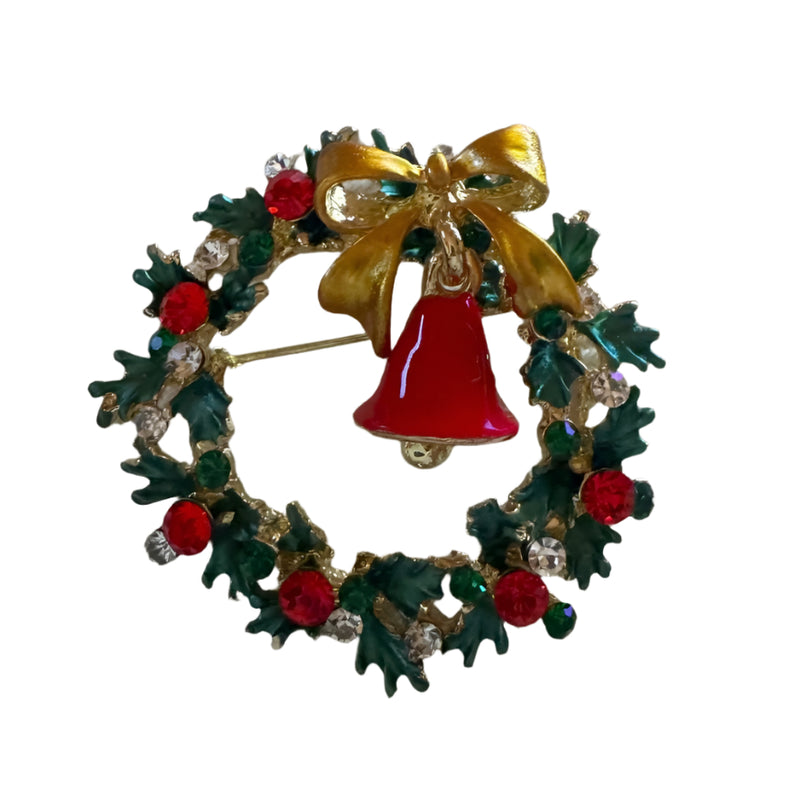 Crystal Wreath with Bell Christmas Brooch | Putti Fine Fashions 