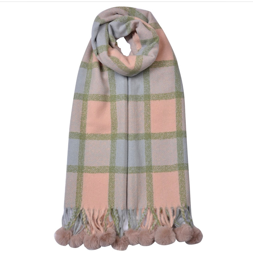 Cashmere Blend Check Scarf with Pom Poms - Pink
