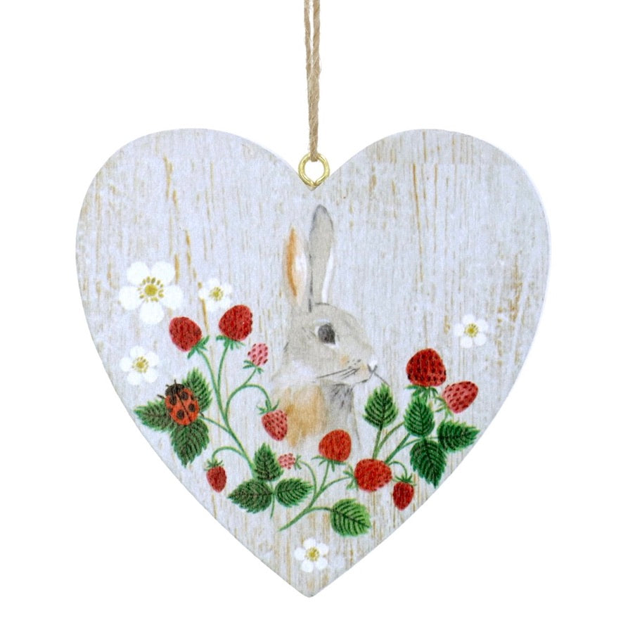 Strawberries Bunny Wood Heart Ornament | Putti Fine Furnishings 