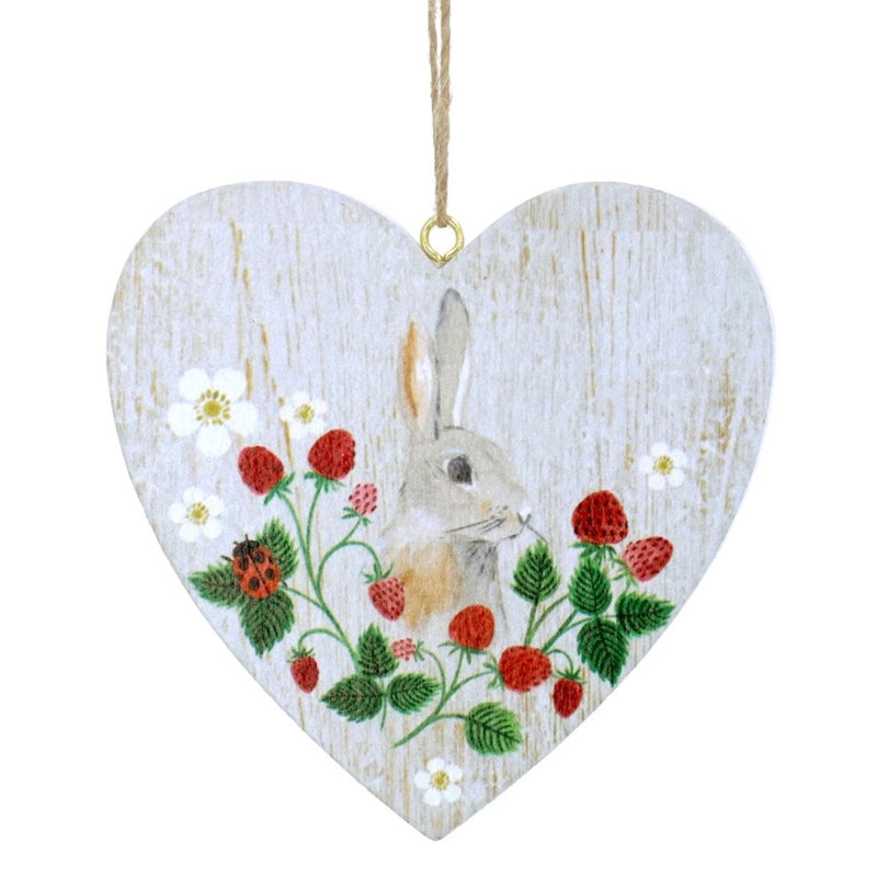 Strawberries Bunny Wood Heart Ornament | Putti Fine Furnishings 