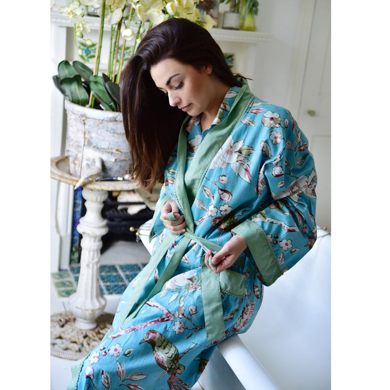 "Blue Blossom" Printed Cotton Ladies Robe | Putti Sleepware Canada