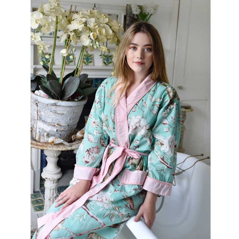 "Mint Blossom" Printed Cotton Ladies Dressing Gown