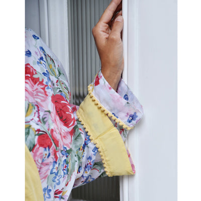 "Vintage Floral" Lemon Pom Pom Trim Cotton Ladies Dressing Gown