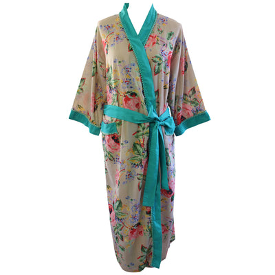 "Vintage Blush Floral" with Turquoise Pom Pom Trim Printed Cotton Ladies Dressing Gown