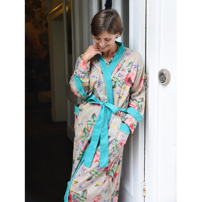 "Vintage Blush Floral" with Turquoise Pom Pom Trim Printed Cotton Ladies Dressing Gown