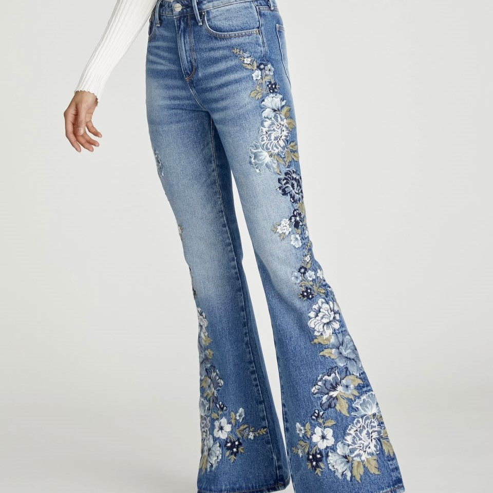 Driftwood "Farrah Bluebell" Flared Hand Embroidered Jeans