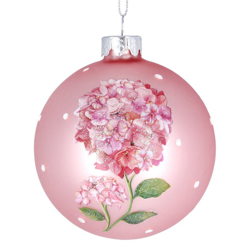 Matt Pink with Pink Hydrangeas Glass Ball Ornament