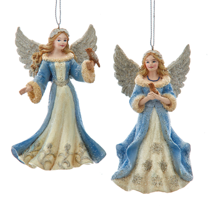 Kurt Adler Blue and Platinum Resin Angel with Bird Ornament | Putti Christmas 