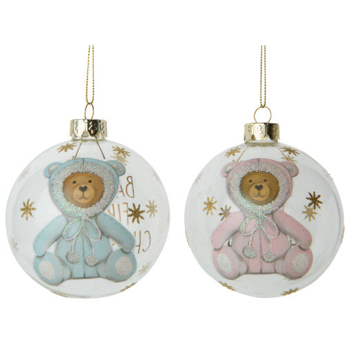 "Baby's First Christmas" Teddy Bear Glass Ball Ornament Blue | Putti Christmas 