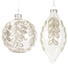 Clear with White Beaded Leaf Drops Glass Ball Ornament  | Putti Christmas Decorations