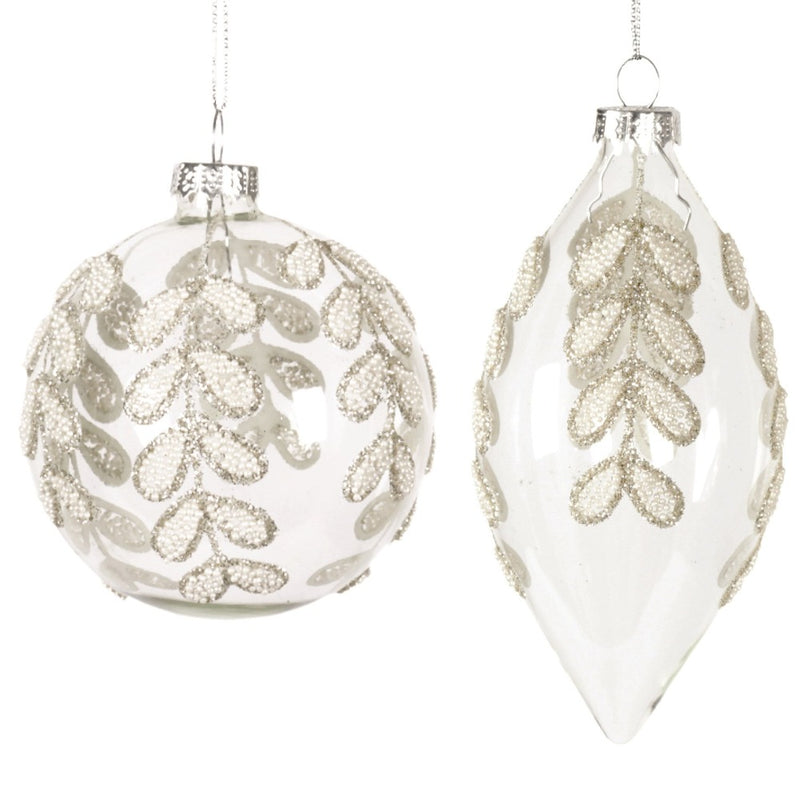 Clear with White Beaded Leaf Drops Glass Ball Ornament  | Putti Christmas Decorations 