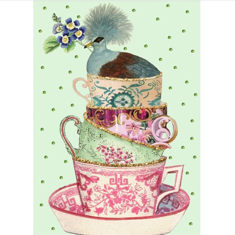 Fancy Bird in Stack of Teacups Hand Glittered Greeting Card