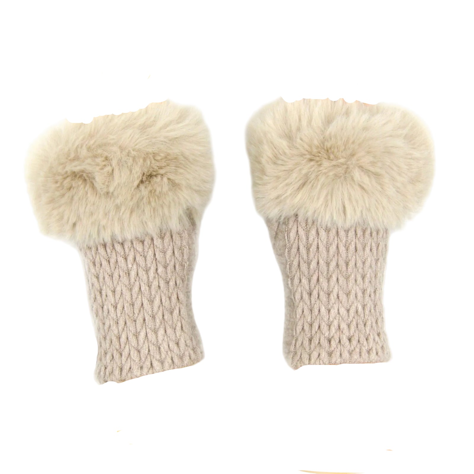 Cashmere Blend Fur Trimmed Fingerless Gloves - Taupe