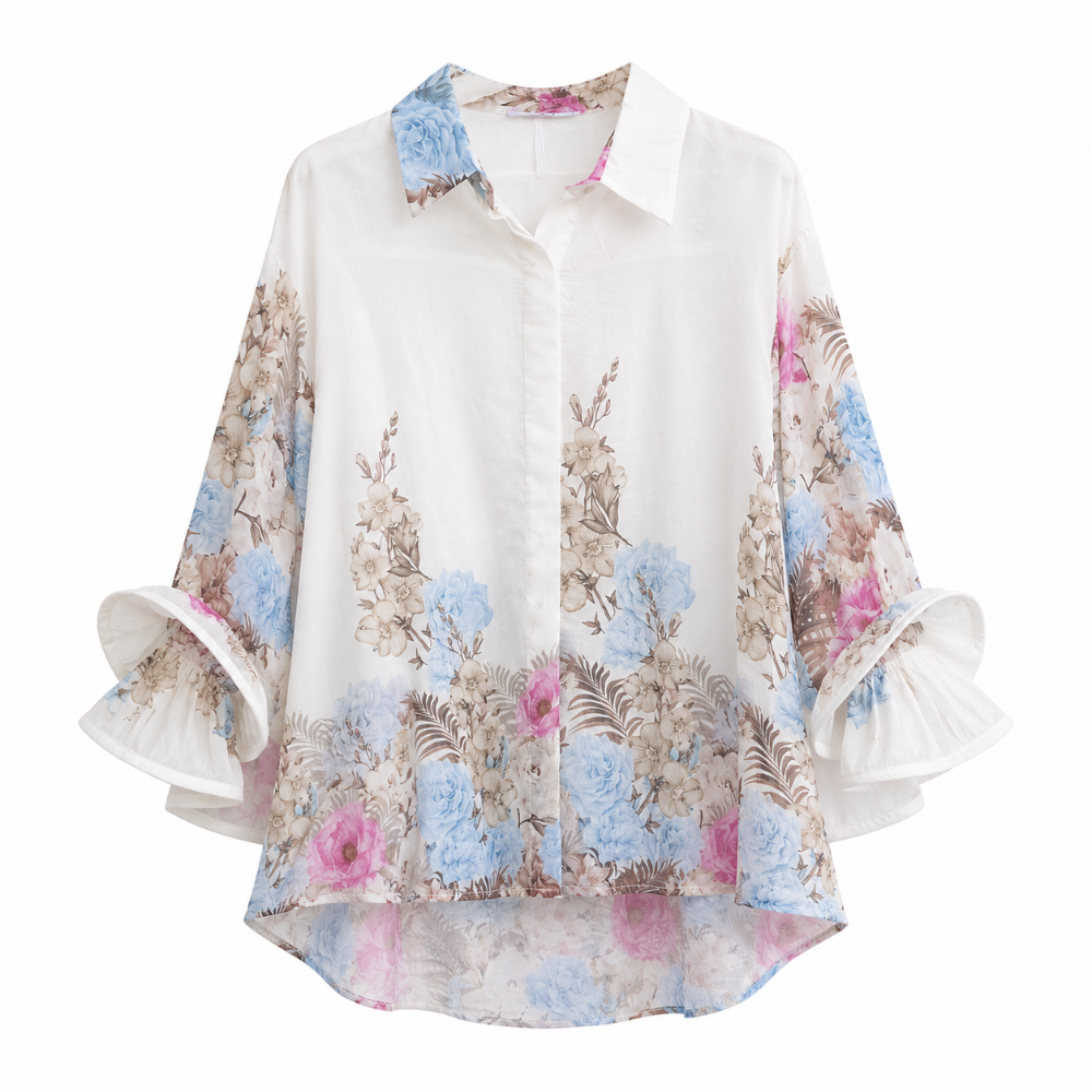 Frill Sleeve Cotton Shirt with Blue and Pink Floral Print | Putti Fine Fashions