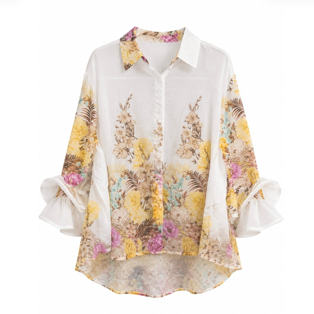 Frill Sleeve Cotton Shirt with Yellow Floral Print | Putti Fine Fashions