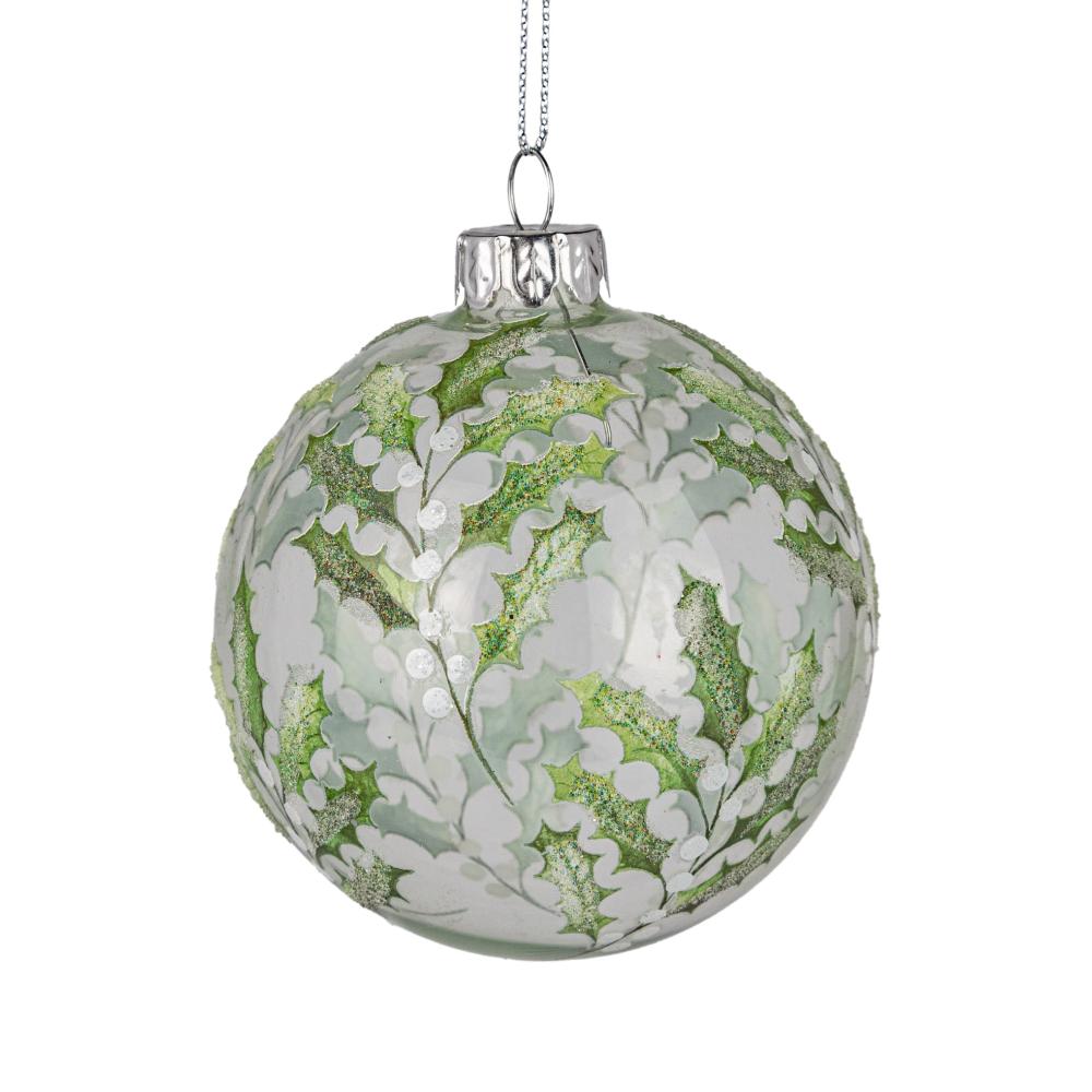 Holly Green Print Glass Ball Ornament