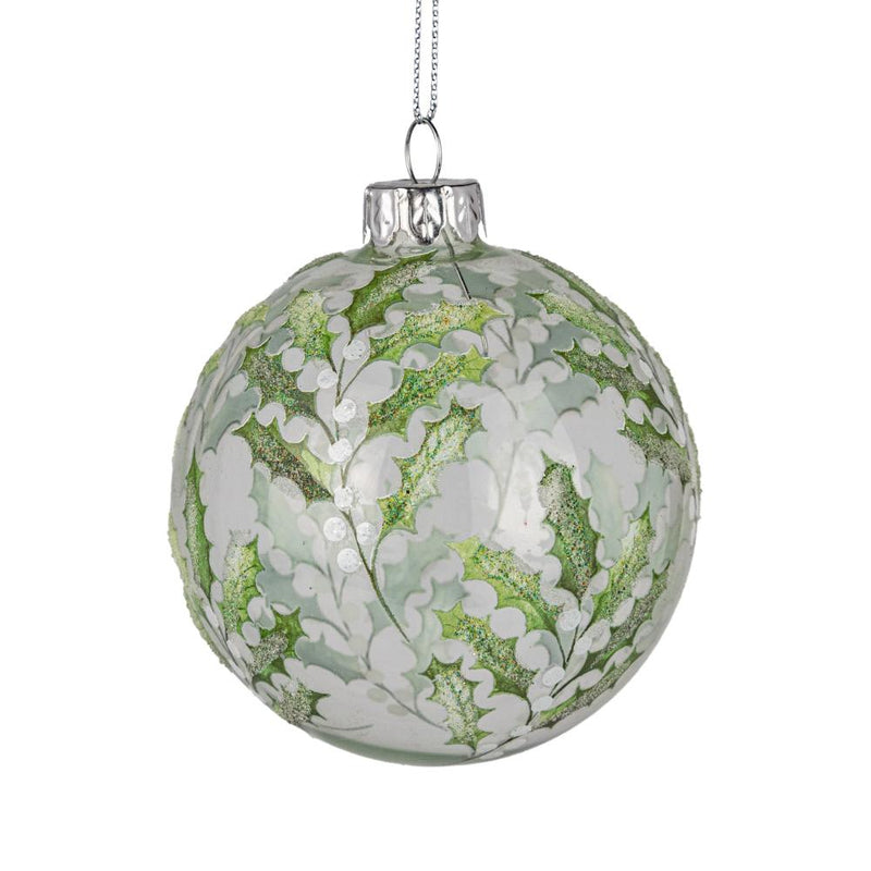 Holly Green Print Glass Ball Ornament
