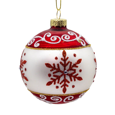 Red & White Glitter Snowflake Glass Ball Ornament
