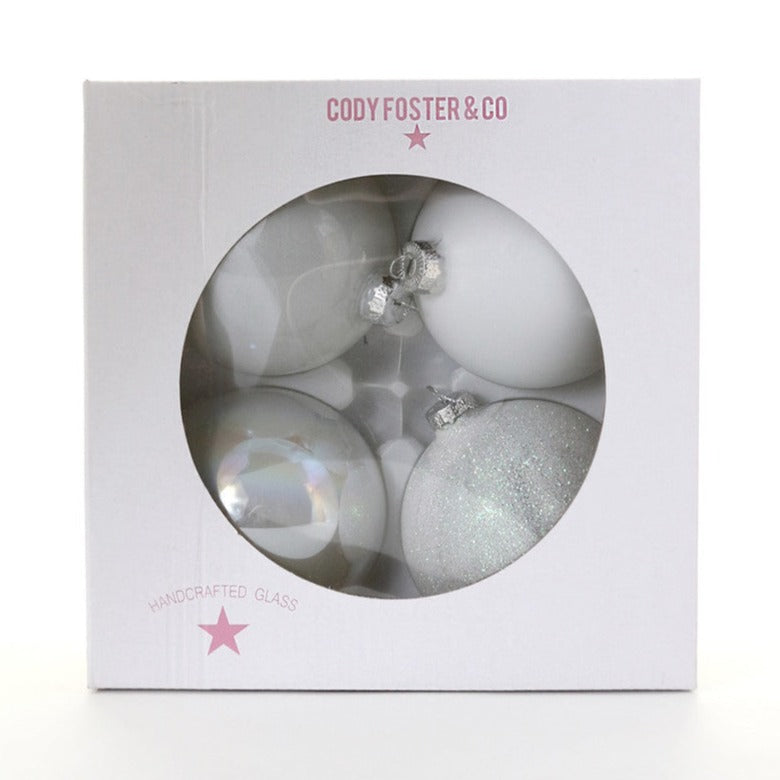 Code Foster White Glass Ball Ornaments - Set of 4 | Putti Christmas Decorations 