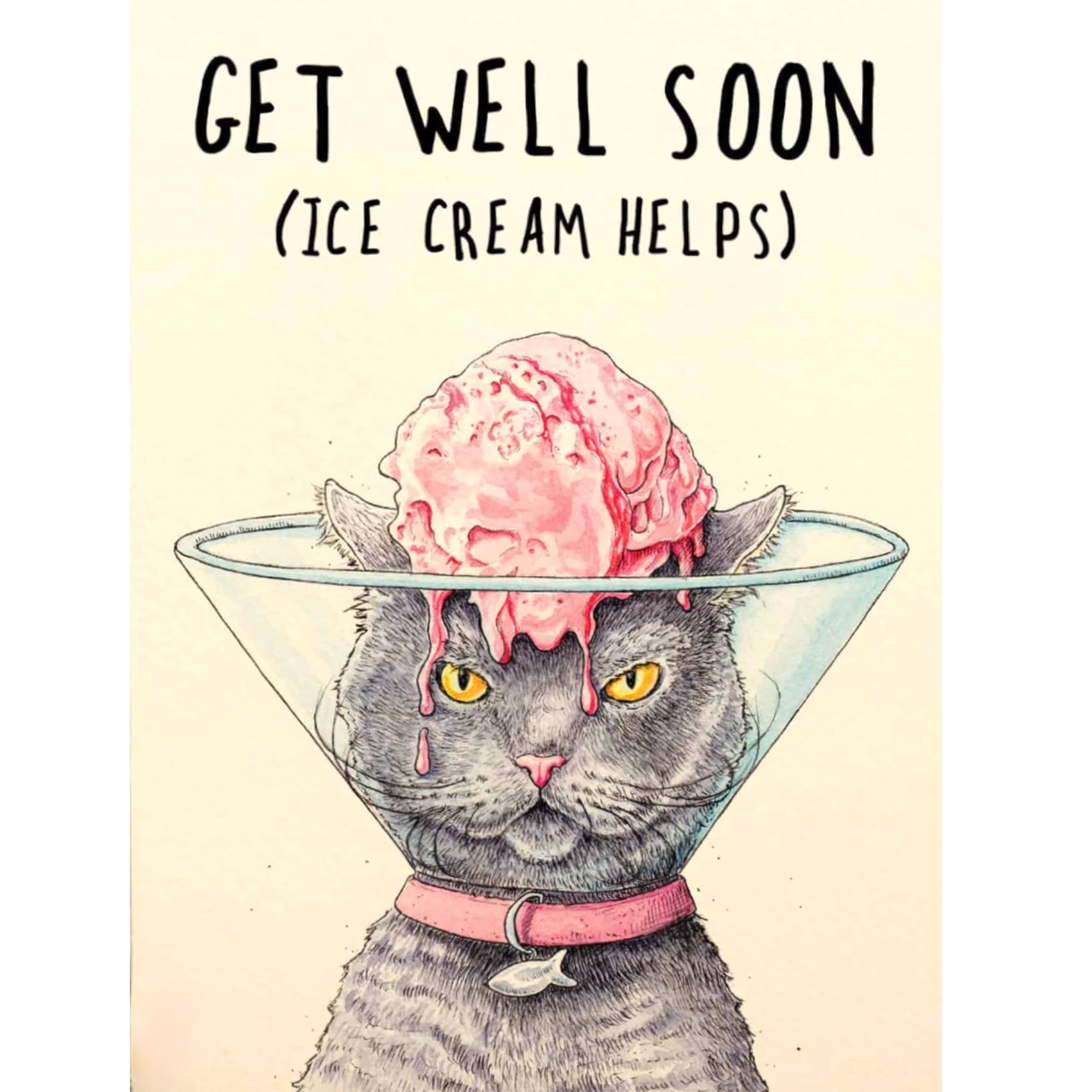 Get Well Soon ...Ice Cream Helps Cat Greeting Card | Putti Greeting Cards Canada 