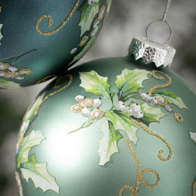 Glittered Holly Glass  Ball Ornament | Putti Christmas Celebrations