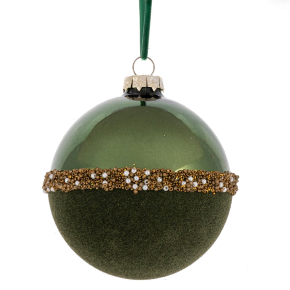 Green Flocked with Gold Beads and Pearls  Glass Ball Ornament | Putti Christmas