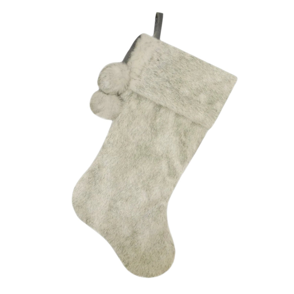 Grey Faux Fur with Pom Poms Stocking | Putti Christmas Decor 