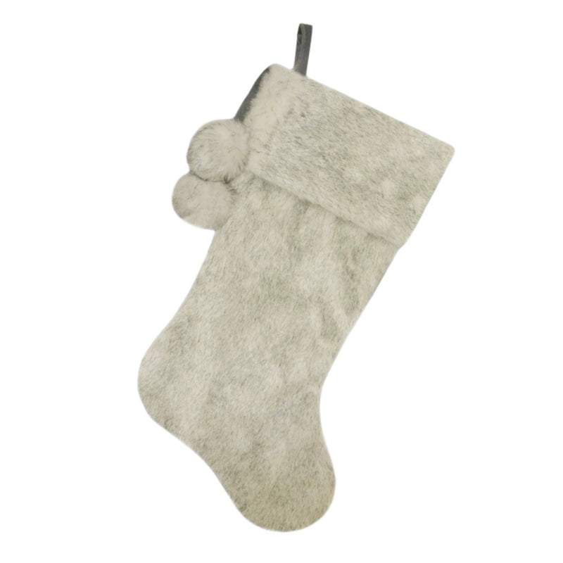 Grey Faux Fur with Pom Poms Stocking | Putti Christmas Decor 