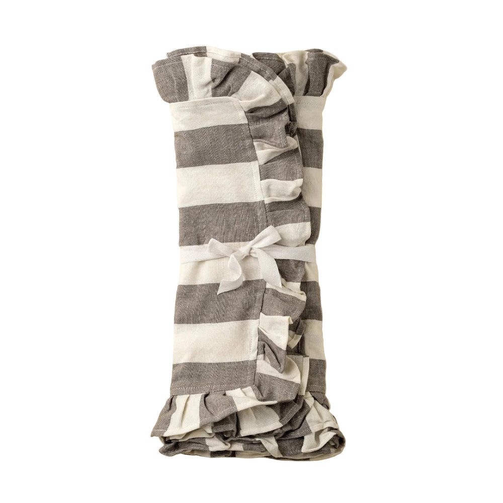 Grey and White Thick Stripe Ruffle Table Runner | Putti Fine Furnishings