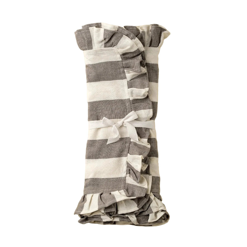 Grey and White Thick Stripe Ruffle Table Runner | Putti Fine Furnishings 