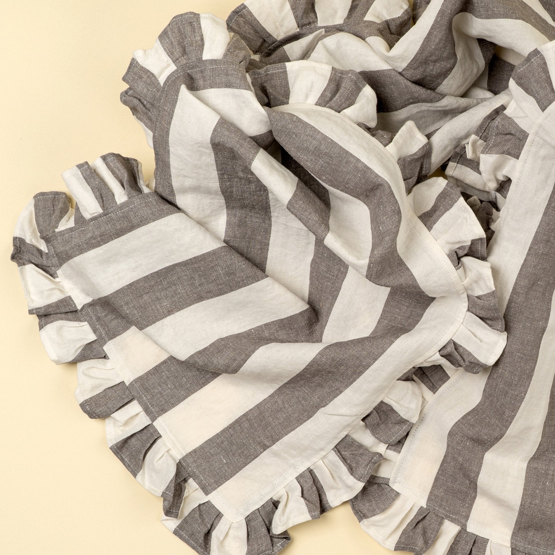 Grey and White Thick Stripe Ruffle Table Runner | Putti Fine Furnishings