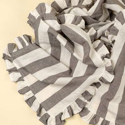 Grey and White Thick Stripe Ruffle Table Runner | Putti Fine Furnishings