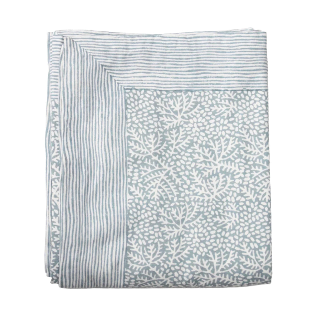 Hand Block Printed Floral Mineral Green Tablecloth | Putti Fine Furnishings 