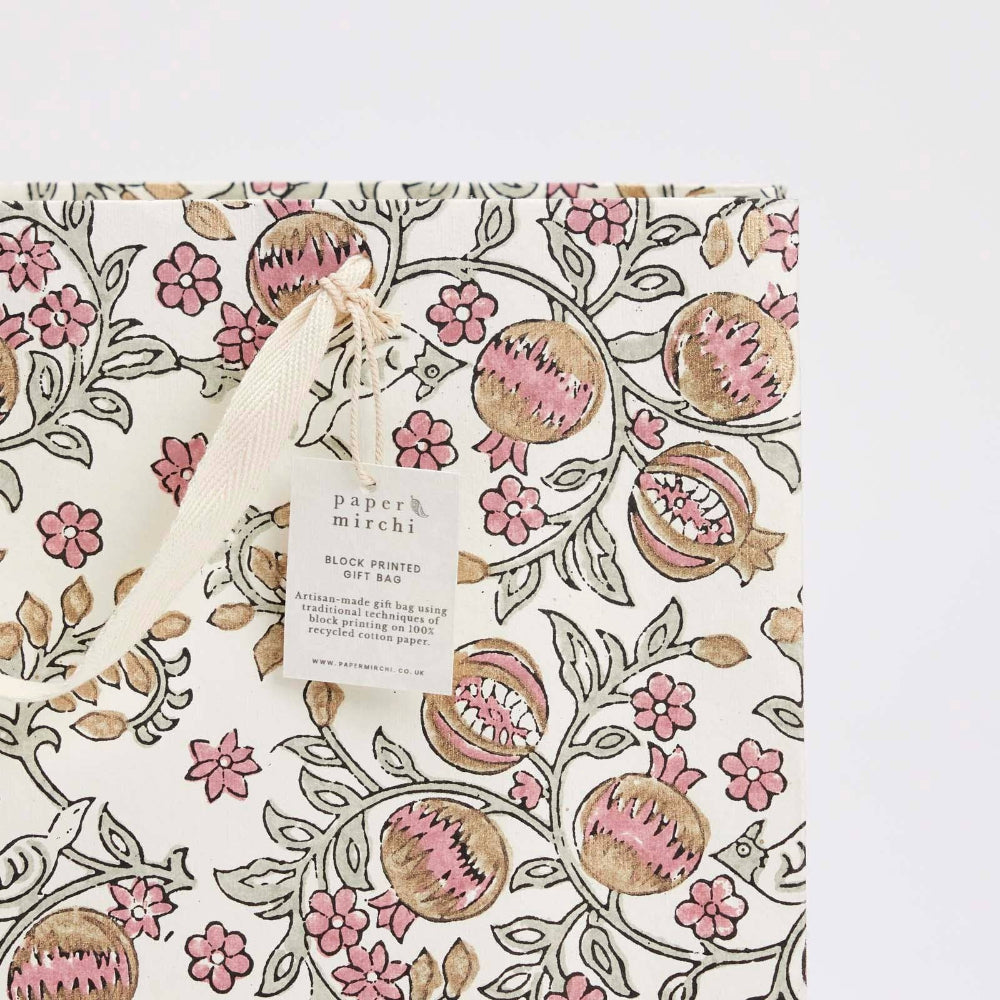 Hand Block Printed Gift Bags Pink Earth - Large | Putti Fine Furnishings