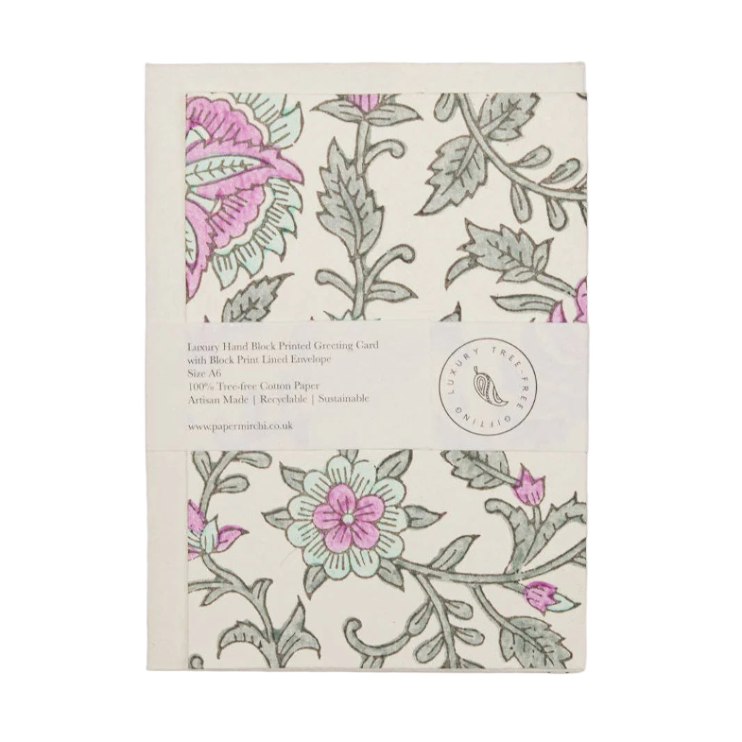 Hand Block Printed Greeting Card - Flora Teal | Putti Fine Furnishings