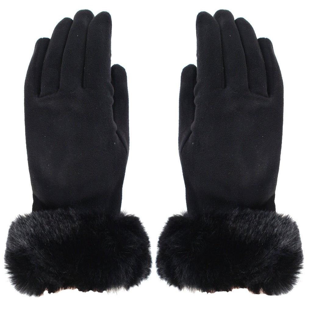 Fur Trimmed Ultra Suede Gloves - Black | Putti Fine Fashions
