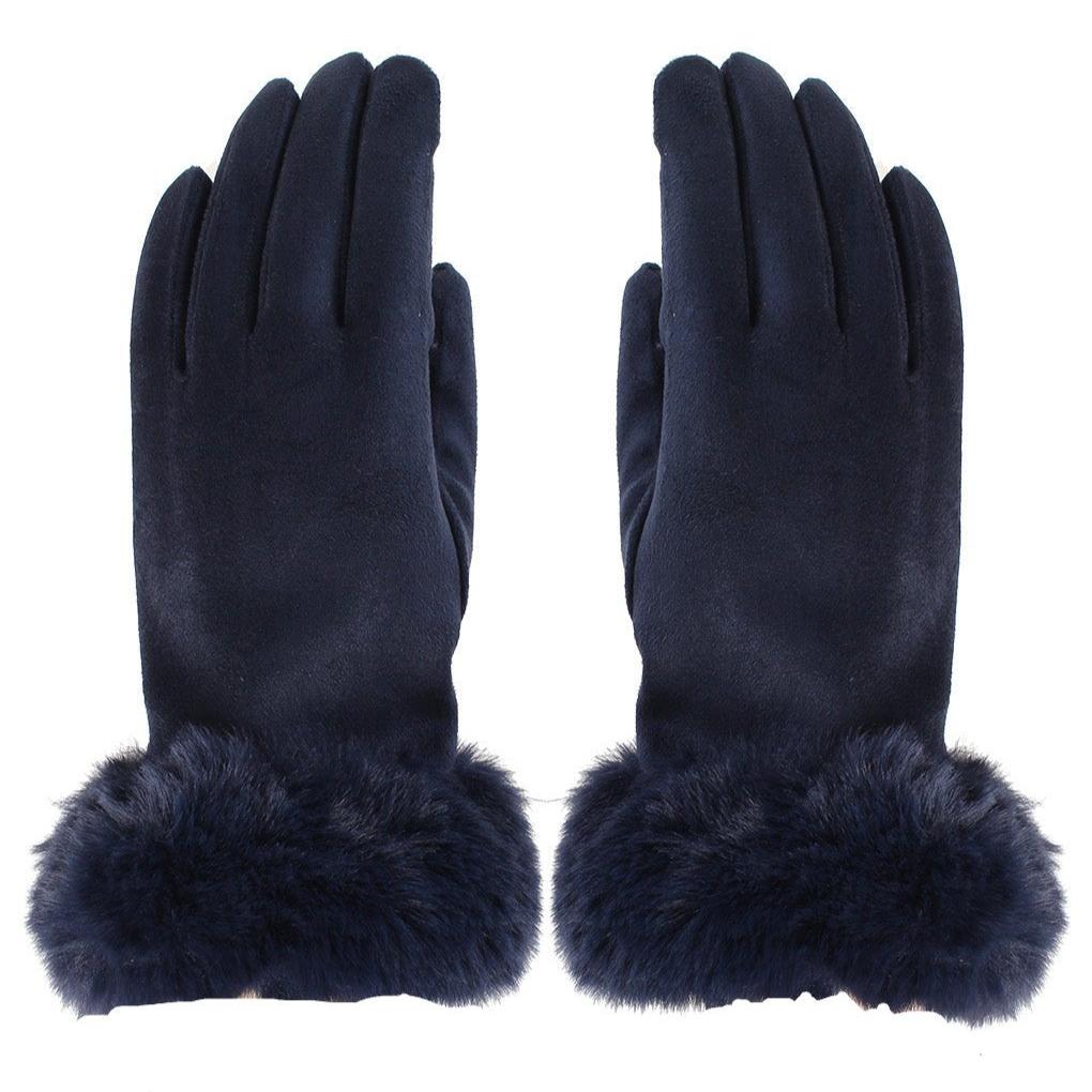 Fur Trimmed Ultra Suede Gloves - Navy