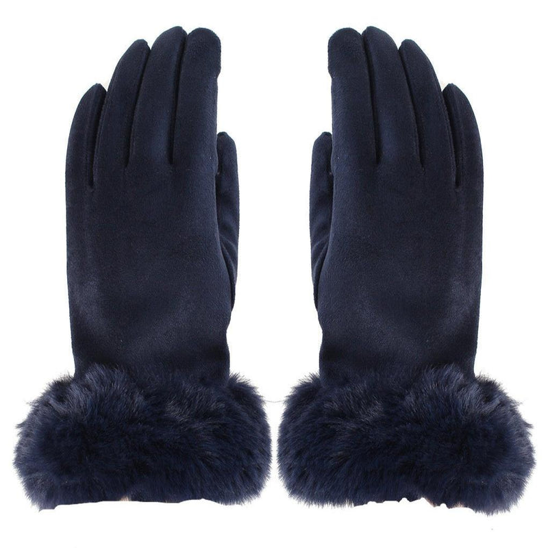 Fur Trimmed Ultra Suede Gloves - Navy